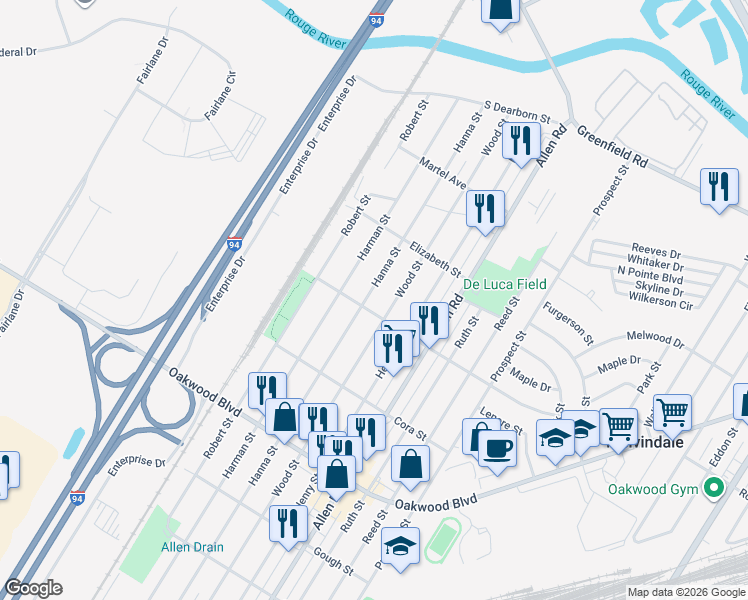 map of restaurants, bars, coffee shops, grocery stores, and more near 17904 Hanna Street in Melvindale