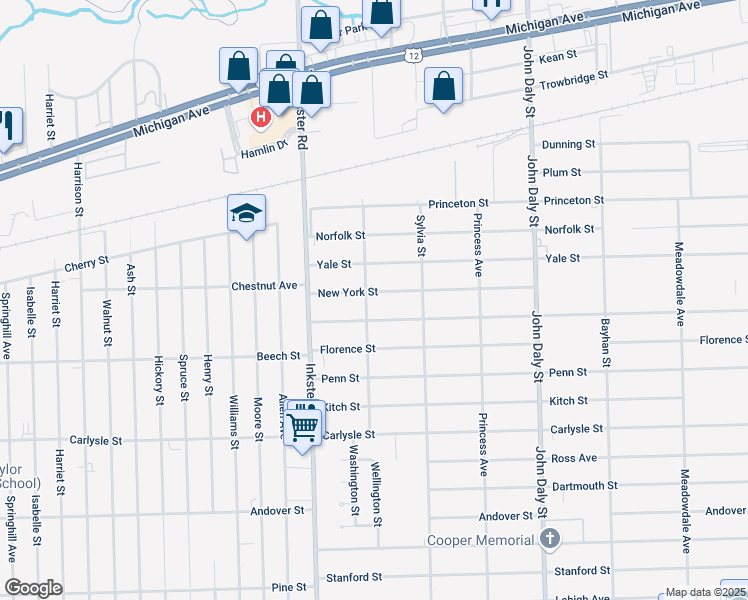map of restaurants, bars, coffee shops, grocery stores, and more near 27156 Notre Dame Street in Inkster