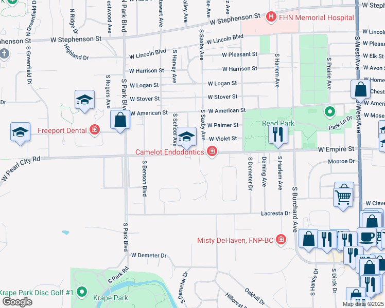 map of restaurants, bars, coffee shops, grocery stores, and more near 1325 West Empire Street in Freeport