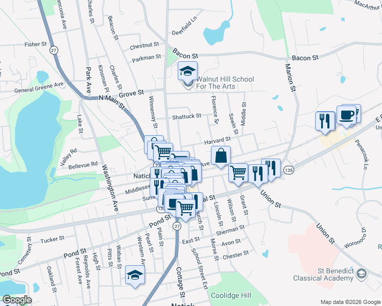 map of restaurants, bars, coffee shops, grocery stores, and more near 2 Franklin Street in Natick