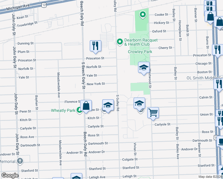 map of restaurants, bars, coffee shops, grocery stores, and more near 25418 Notre Dame Street in Dearborn Heights