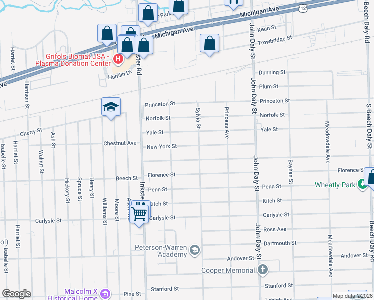 map of restaurants, bars, coffee shops, grocery stores, and more near 27034 Notre Dame Street in Inkster