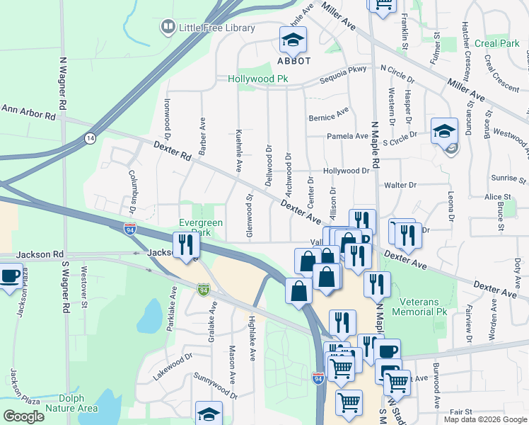 map of restaurants, bars, coffee shops, grocery stores, and more near 434 Evergreen Drive in Ann Arbor