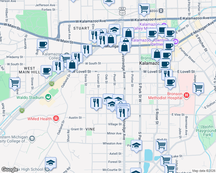 map of restaurants, bars, coffee shops, grocery stores, and more near 606 West Walnut Street in Kalamazoo