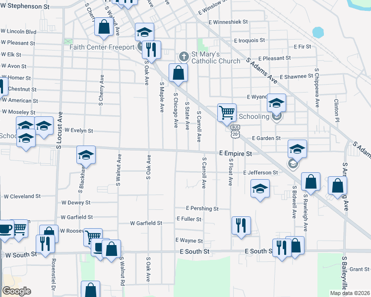 map of restaurants, bars, coffee shops, grocery stores, and more near 5 East Empire Street in Freeport