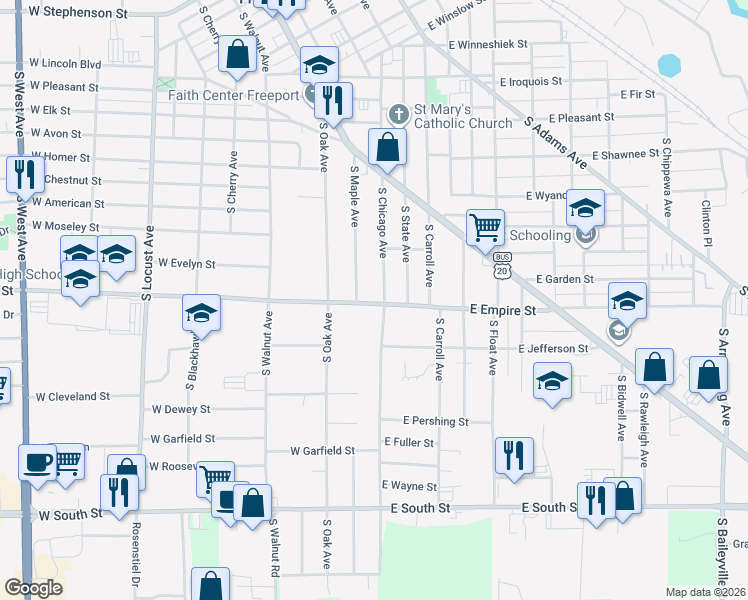 map of restaurants, bars, coffee shops, grocery stores, and more near 5 East Empire Street in Freeport
