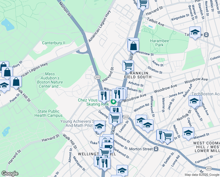 map of restaurants, bars, coffee shops, grocery stores, and more near 35 Wilcock Street in Boston