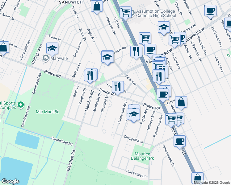 map of restaurants, bars, coffee shops, grocery stores, and more near 1454 Prince Road in Windsor