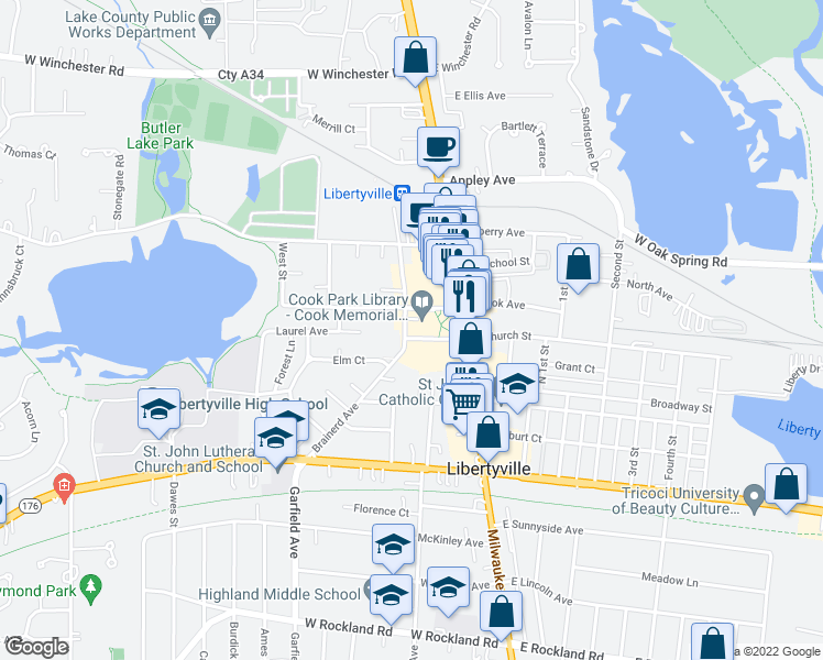 map of restaurants, bars, coffee shops, grocery stores, and more near 413 North Milwaukee Avenue in Libertyville
