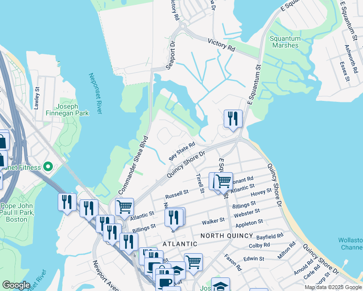 map of restaurants, bars, coffee shops, grocery stores, and more near 220 Quincy Shore Drive in Quincy