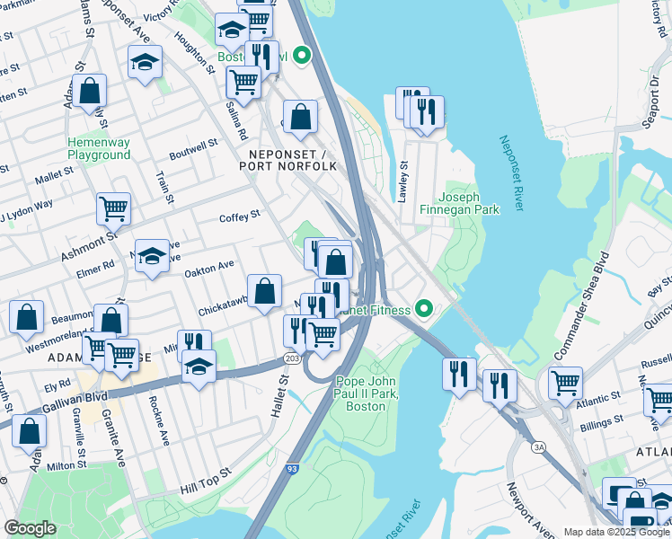 map of restaurants, bars, coffee shops, grocery stores, and more near 398 Neponset Avenue in Boston