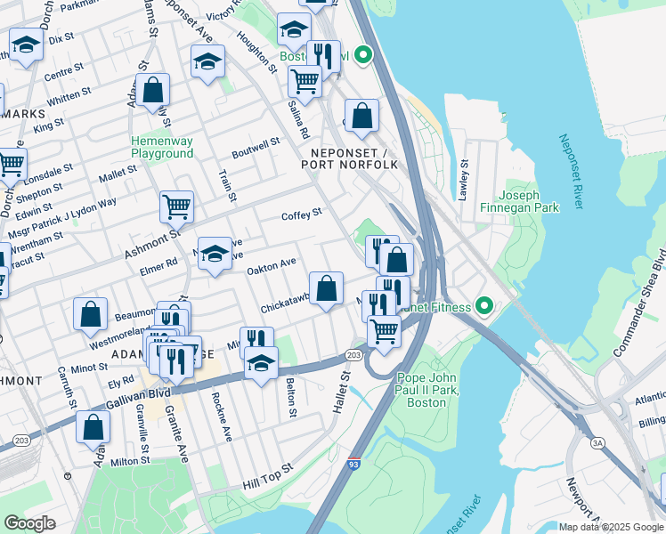 map of restaurants, bars, coffee shops, grocery stores, and more near 35 Chickatawbut Street in Boston