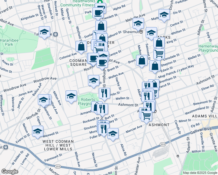 map of restaurants, bars, coffee shops, grocery stores, and more near 15 Roslin Street in Boston