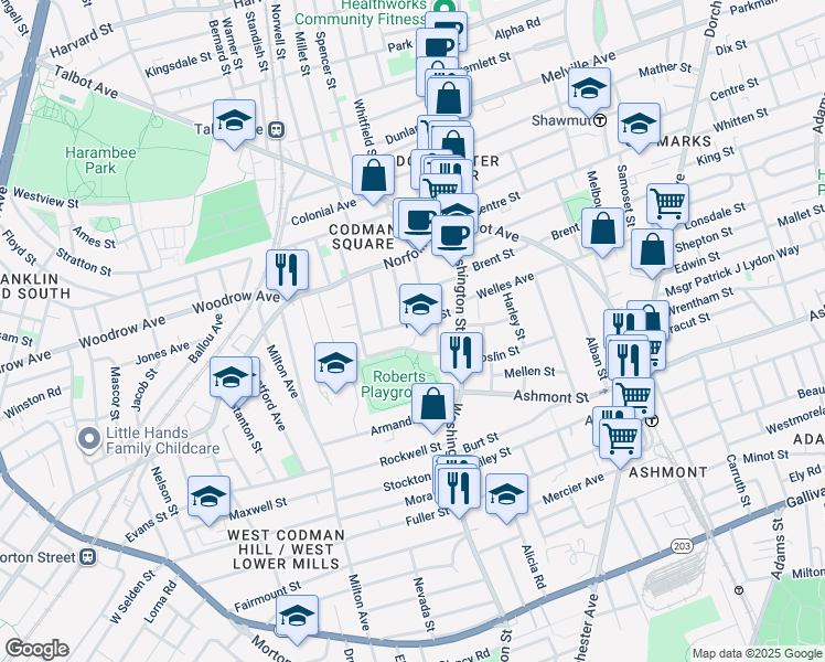 map of restaurants, bars, coffee shops, grocery stores, and more near 25 Dunbar Avenue in Boston
