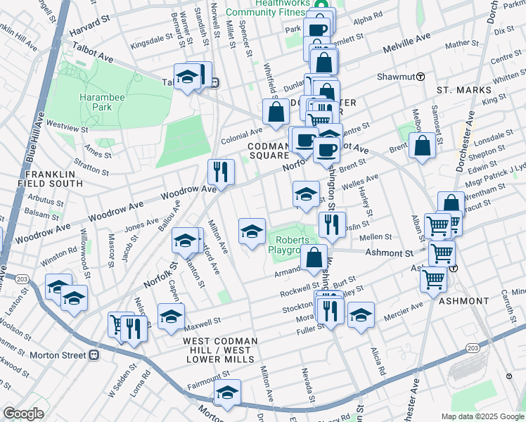 map of restaurants, bars, coffee shops, grocery stores, and more near 48 Peacevale Road in Boston
