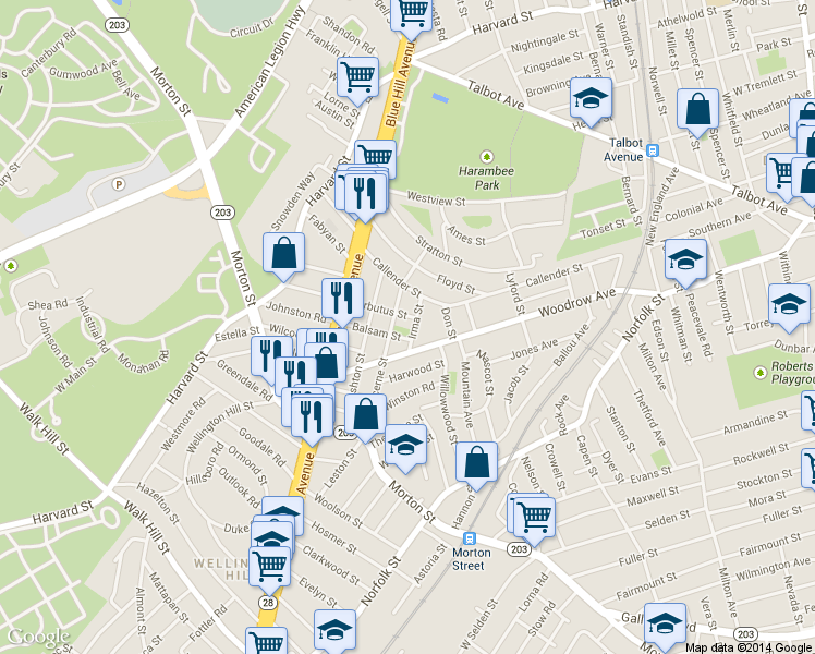 map of restaurants, bars, coffee shops, grocery stores, and more near 35 Irma Street in Boston