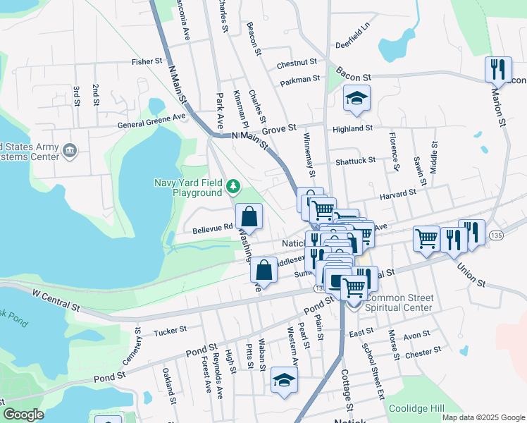 map of restaurants, bars, coffee shops, grocery stores, and more near 12 Harrison Street in Natick