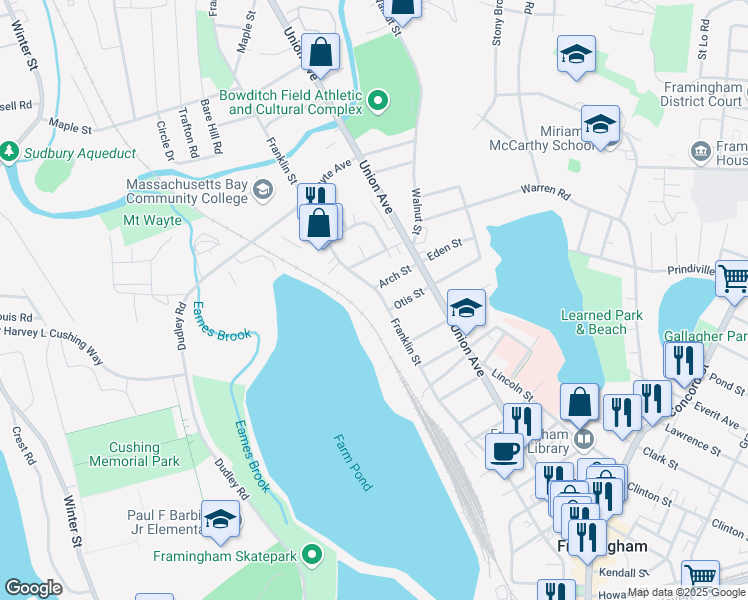 map of restaurants, bars, coffee shops, grocery stores, and more near 342 Franklin Street in Framingham
