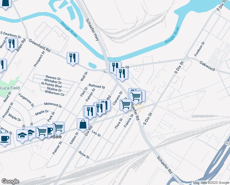 map of restaurants, bars, coffee shops, grocery stores, and more near 17081 Clarann Street in Melvindale