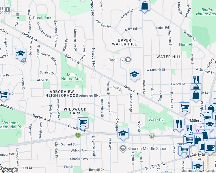 map of restaurants, bars, coffee shops, grocery stores, and more near 1212 Arborview Boulevard in Ann Arbor