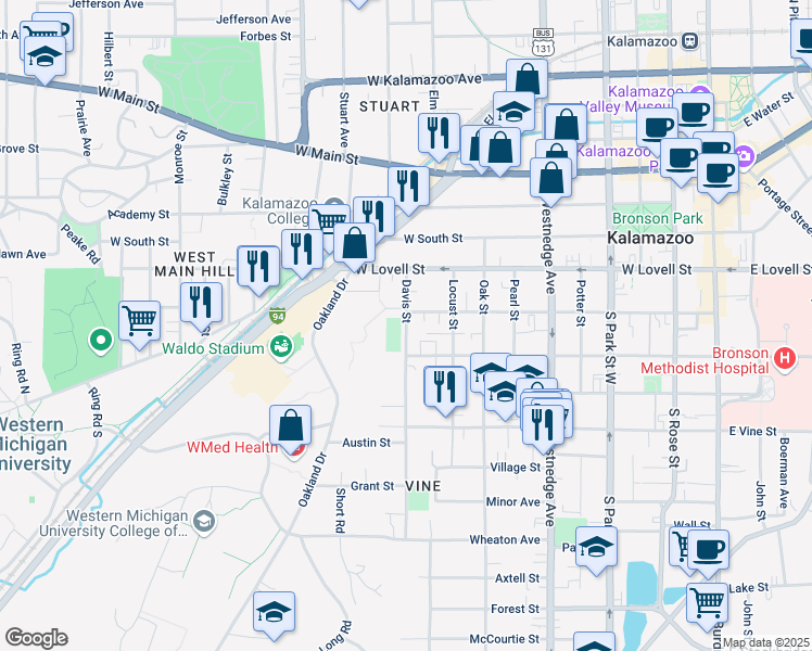 map of restaurants, bars, coffee shops, grocery stores, and more near 531 Davis Street in Kalamazoo
