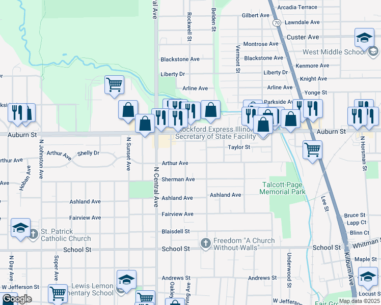 map of restaurants, bars, coffee shops, grocery stores, and more near 1007 Irving Avenue in Rockford