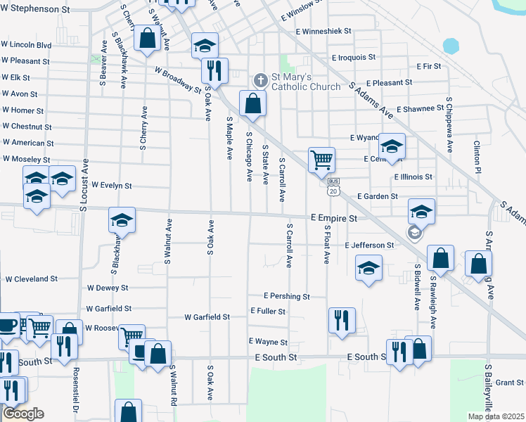 map of restaurants, bars, coffee shops, grocery stores, and more near 5 East Empire Street in Freeport
