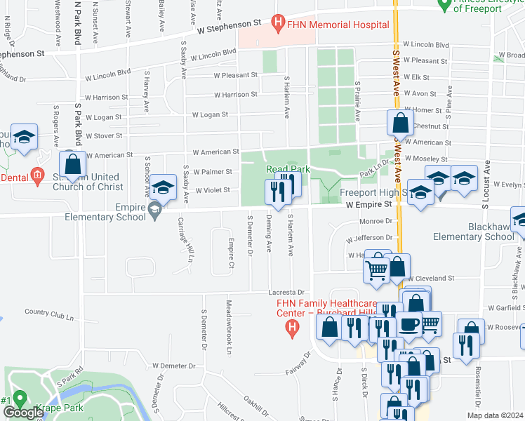 map of restaurants, bars, coffee shops, grocery stores, and more near 1320 Deming Avenue in Freeport