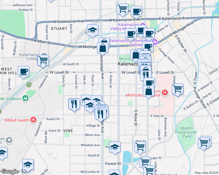 map of restaurants, bars, coffee shops, grocery stores, and more near 528 Potter Street in Kalamazoo