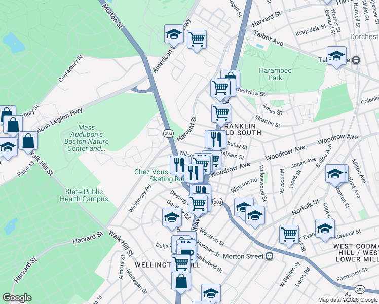 map of restaurants, bars, coffee shops, grocery stores, and more near 29 Havelock Street in Boston