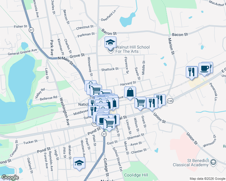 map of restaurants, bars, coffee shops, grocery stores, and more near 2 Franklin Street in Natick