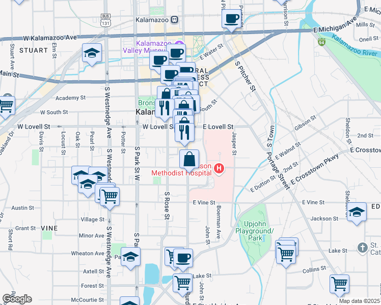 map of restaurants, bars, coffee shops, grocery stores, and more near in Kalamazoo