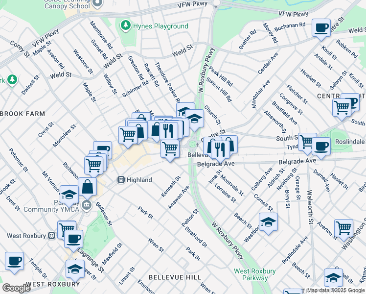 map of restaurants, bars, coffee shops, grocery stores, and more near 1708 Centre Street in Boston