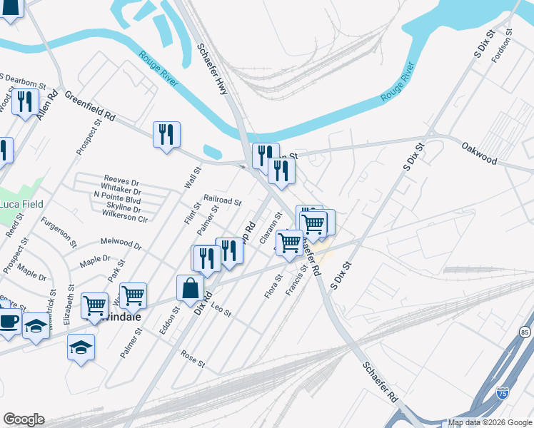 map of restaurants, bars, coffee shops, grocery stores, and more near 17081 Clarann Street in Melvindale