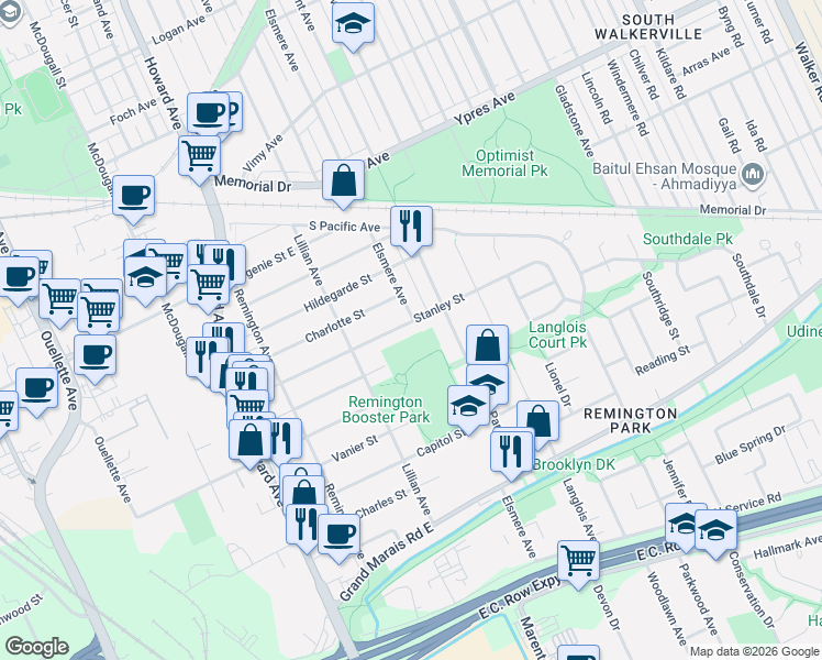map of restaurants, bars, coffee shops, grocery stores, and more near 777 Stanley Street in Windsor