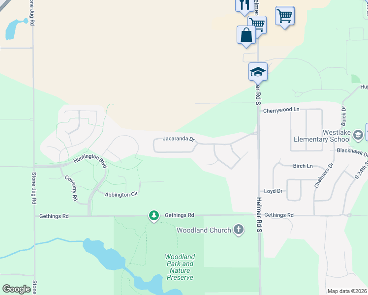 map of restaurants, bars, coffee shops, grocery stores, and more near 268 Jacaranda Drive in Battle Creek