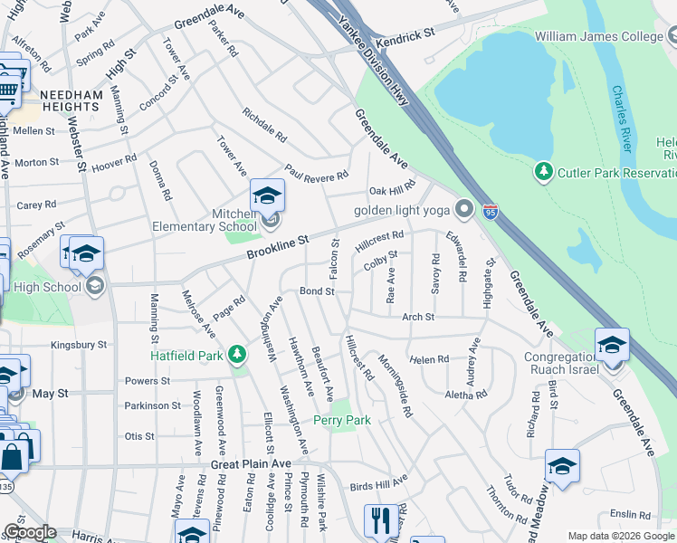 map of restaurants, bars, coffee shops, grocery stores, and more near 33 Bond Street in Needham