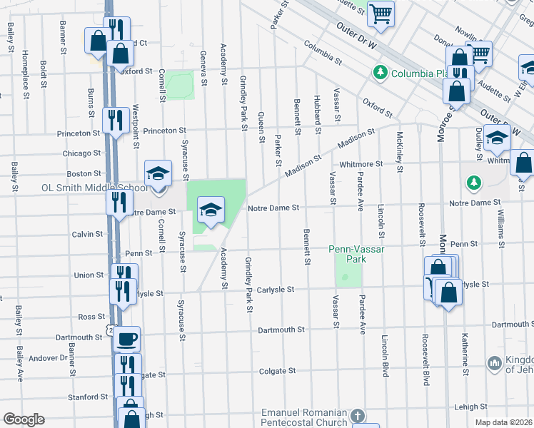 map of restaurants, bars, coffee shops, grocery stores, and more near 3413 Grindley Park Street in Dearborn