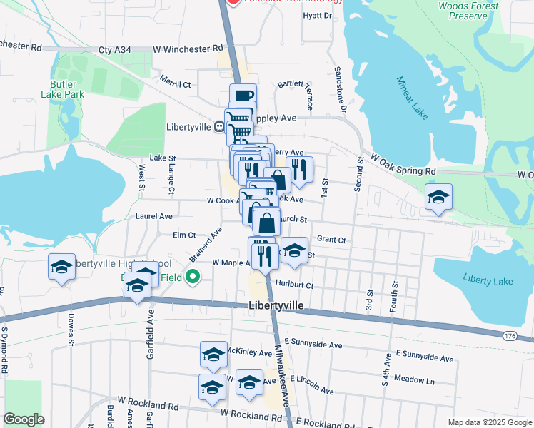 map of restaurants, bars, coffee shops, grocery stores, and more near 350 Illinois 21 in Libertyville