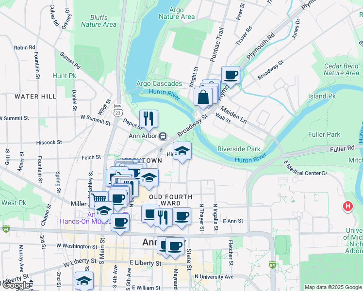 map of restaurants, bars, coffee shops, grocery stores, and more near 401 Depot Street in Ann Arbor
