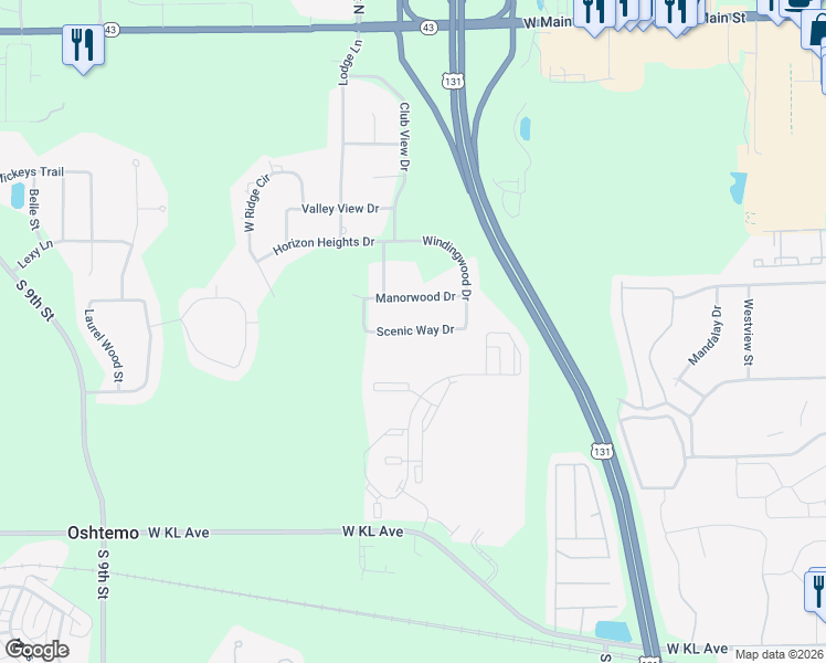 map of restaurants, bars, coffee shops, grocery stores, and more near 5899 Scenic Way Drive in Kalamazoo