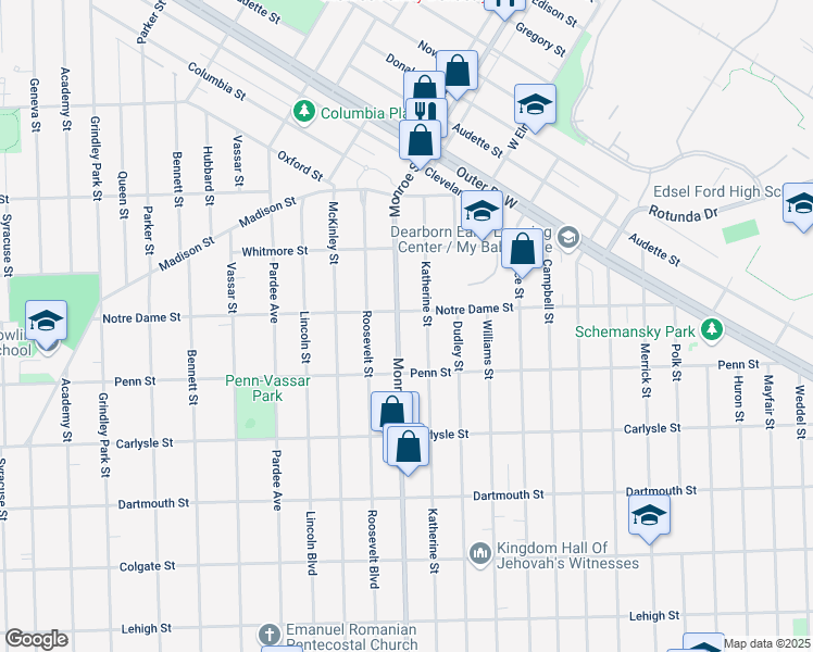 map of restaurants, bars, coffee shops, grocery stores, and more near 3410 Monroe Street in Dearborn