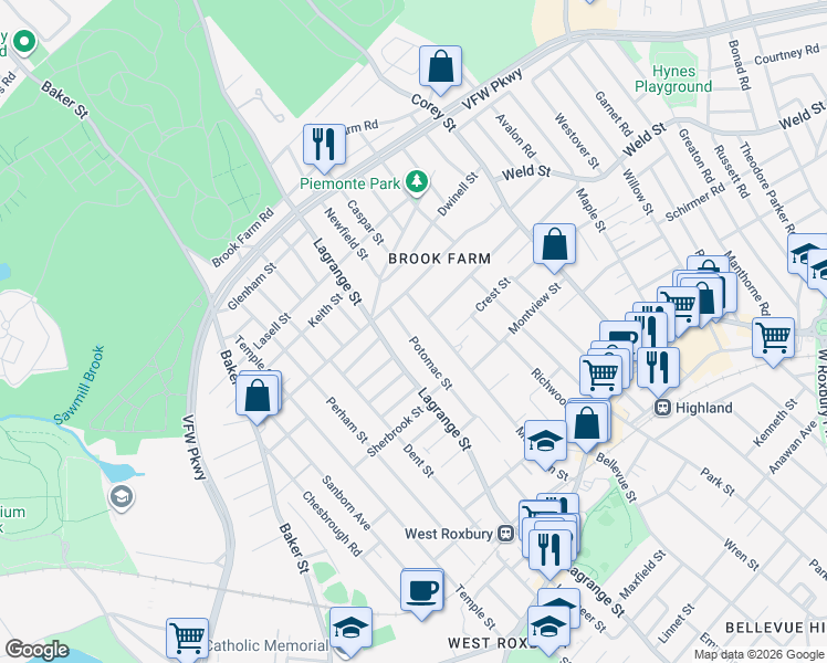 map of restaurants, bars, coffee shops, grocery stores, and more near 46 Potomac Street in Boston
