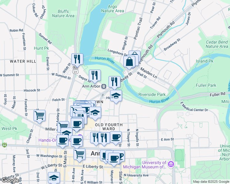 map of restaurants, bars, coffee shops, grocery stores, and more near 401 Depot Street in Ann Arbor