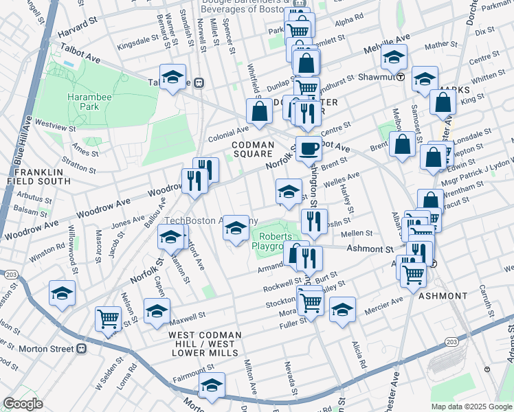 map of restaurants, bars, coffee shops, grocery stores, and more near 77 Torrey Street in Boston