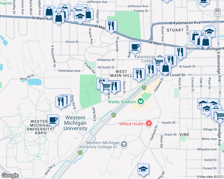 map of restaurants, bars, coffee shops, grocery stores, and more near 1420 West Michigan Avenue in Kalamazoo