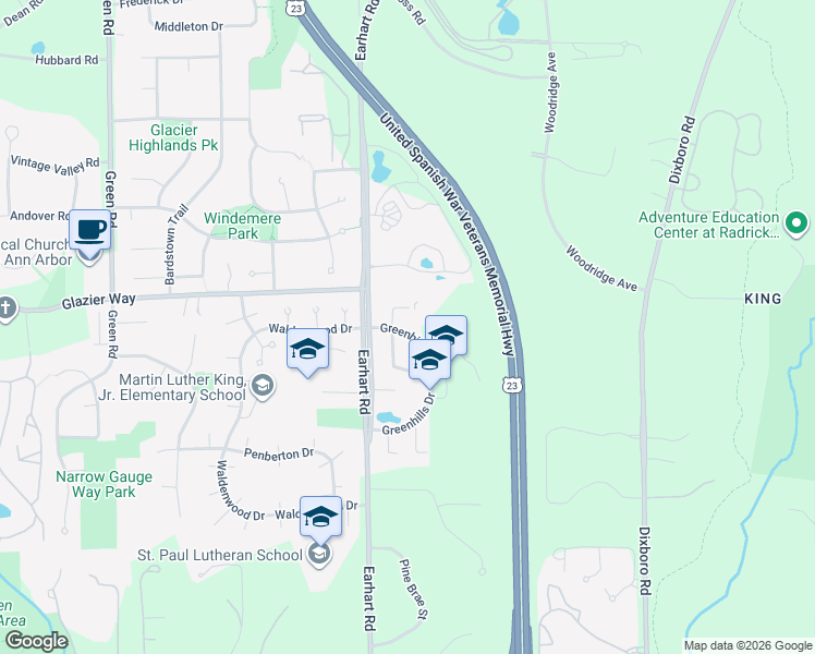 map of restaurants, bars, coffee shops, grocery stores, and more near 1006 Greenhills Drive in Ann Arbor