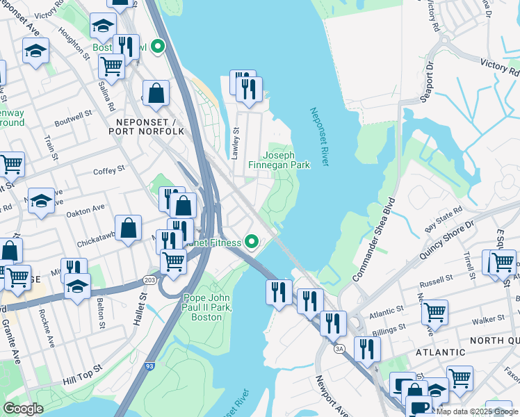 map of restaurants, bars, coffee shops, grocery stores, and more near 31-39 Taylor Street in Boston