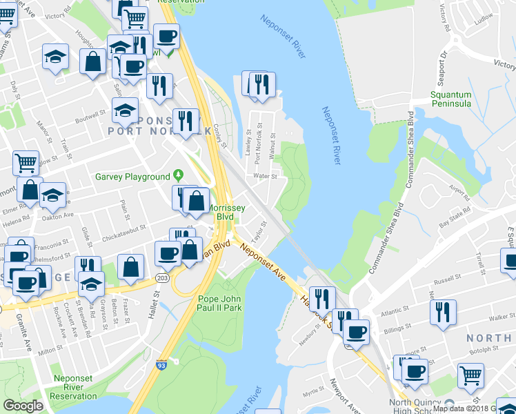 map of restaurants, bars, coffee shops, grocery stores, and more near 31-39 Taylor Street in Boston