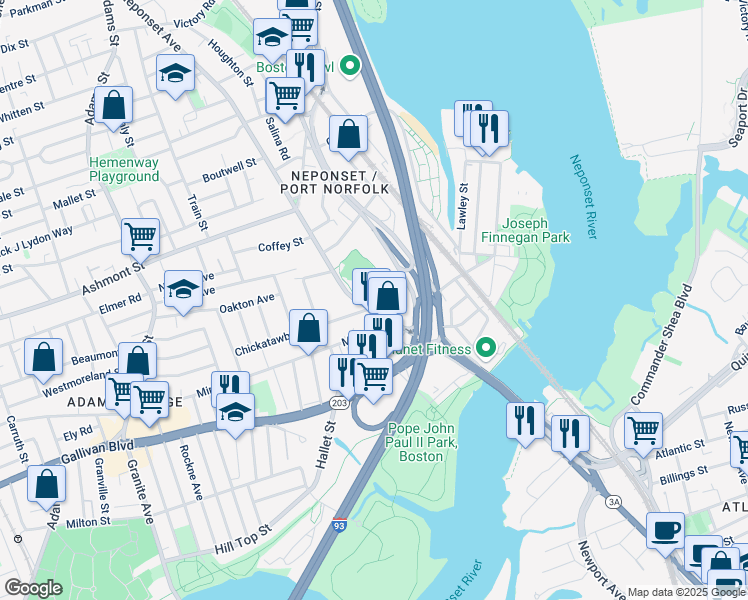 map of restaurants, bars, coffee shops, grocery stores, and more near 398 Neponset Avenue in Boston